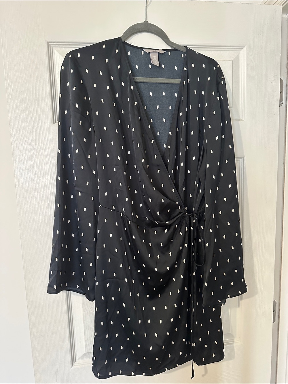 H&M Long-Sleeve Black Polka Dot Wrap Dress with Tie